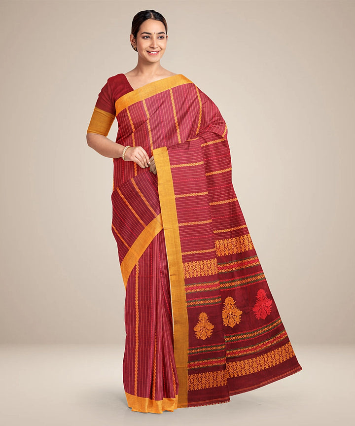 Maroon yellow bengal cotton handloom saree