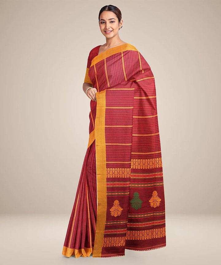 Maroon yellow bengal cotton handloom saree