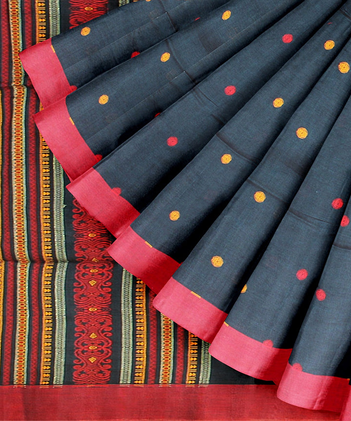 Teal blue red bengal cotton handloom saree