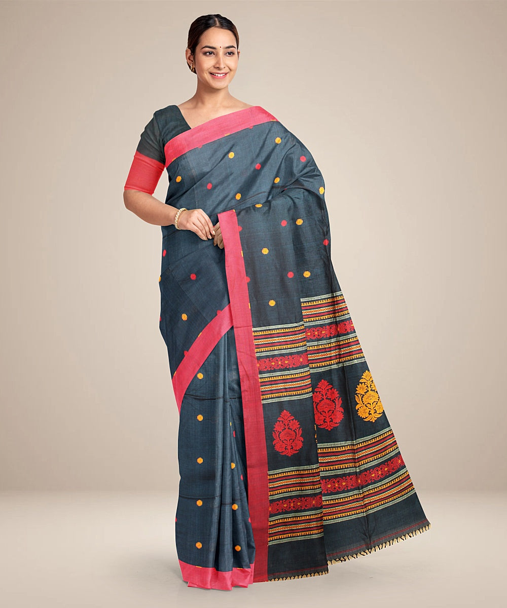 Teal blue red bengal cotton handloom saree