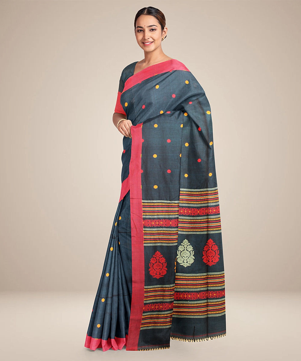 Teal blue red bengal cotton handloom saree