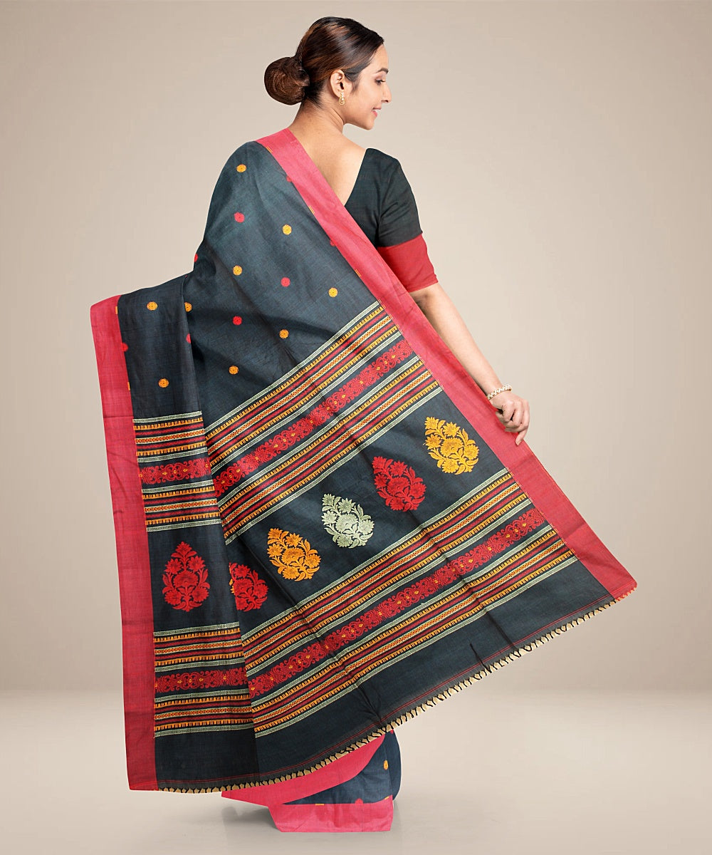 Teal blue red bengal cotton handloom saree