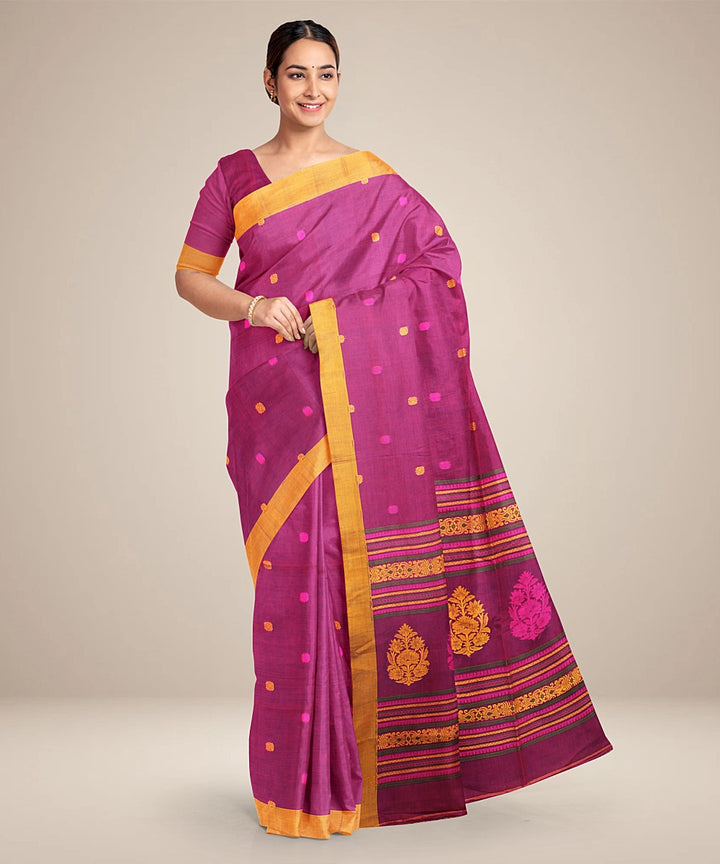 Magenta yellow bengal cotton handloom saree