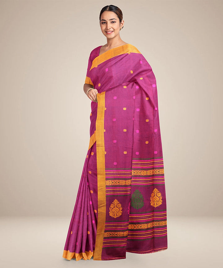 Magenta yellow bengal cotton handloom saree