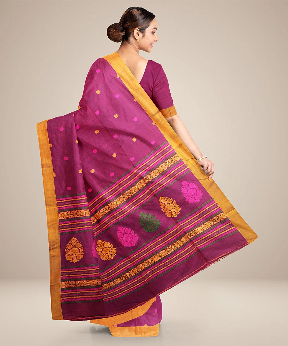 Magenta yellow bengal cotton handloom saree