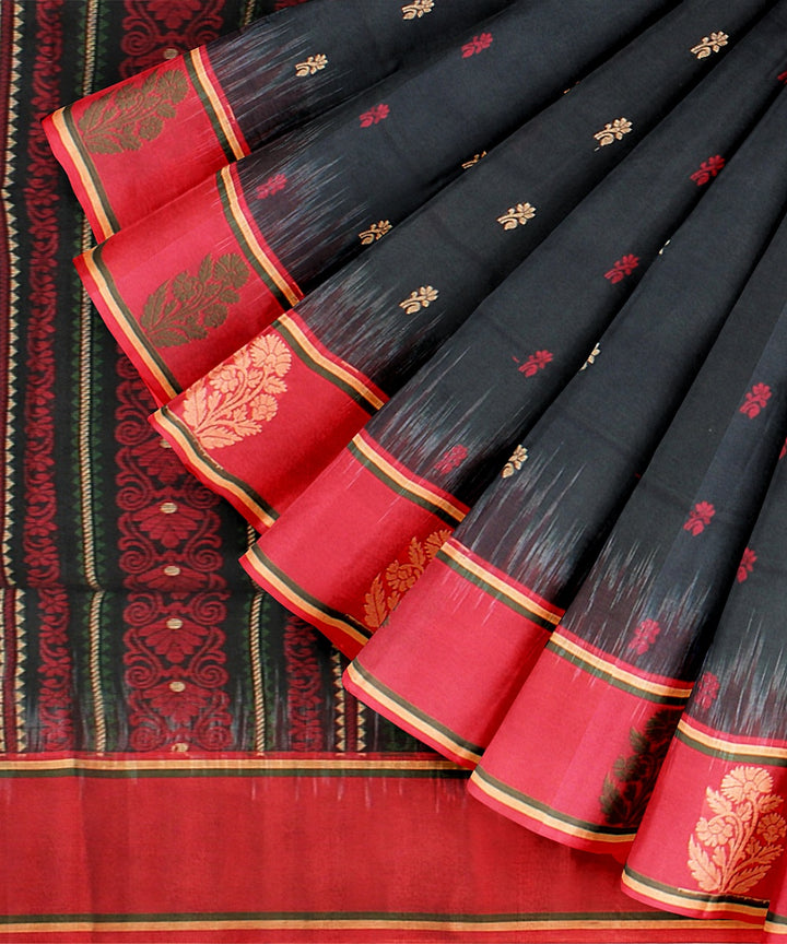 Forest green red cotton bengal handloom saree