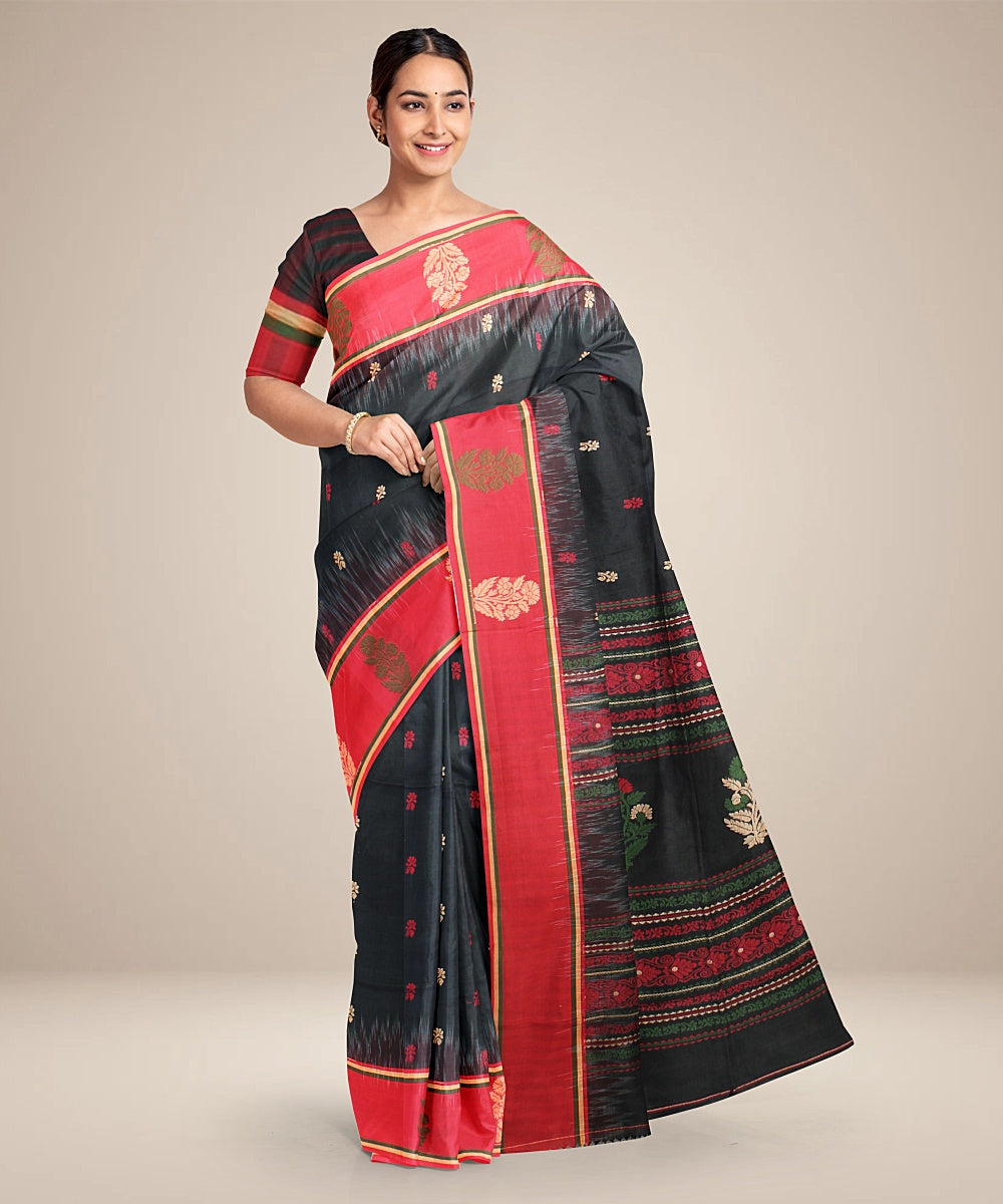 Forest green red cotton bengal handloom saree