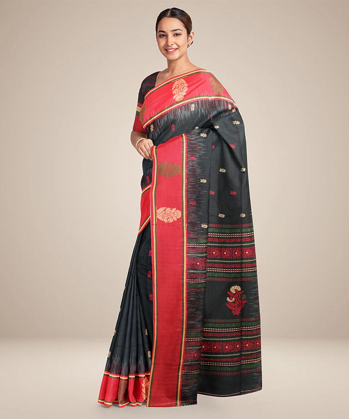 Forest green red cotton bengal handloom saree