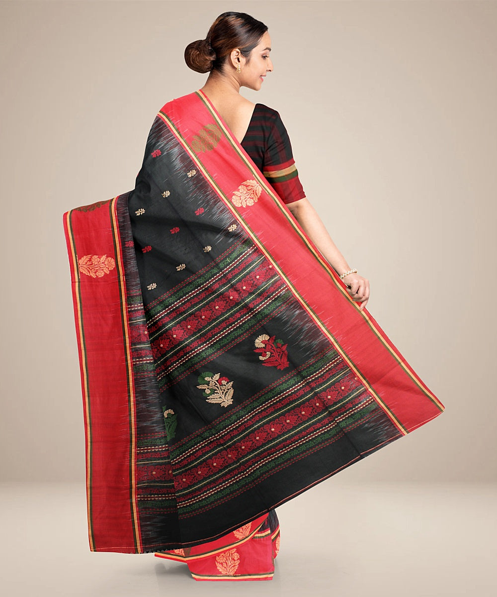 Forest green red cotton bengal handloom saree