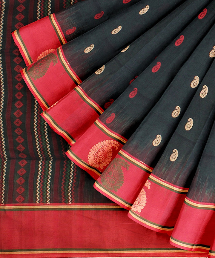 Forest green red bengal cotton handloom saree