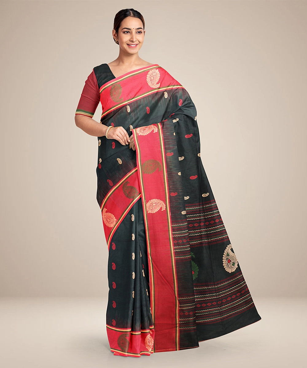 Forest green red bengal cotton handloom saree