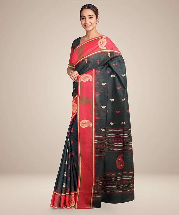 Forest green red bengal cotton handloom saree