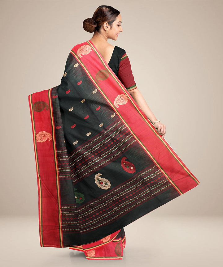 Forest green red bengal cotton handloom saree