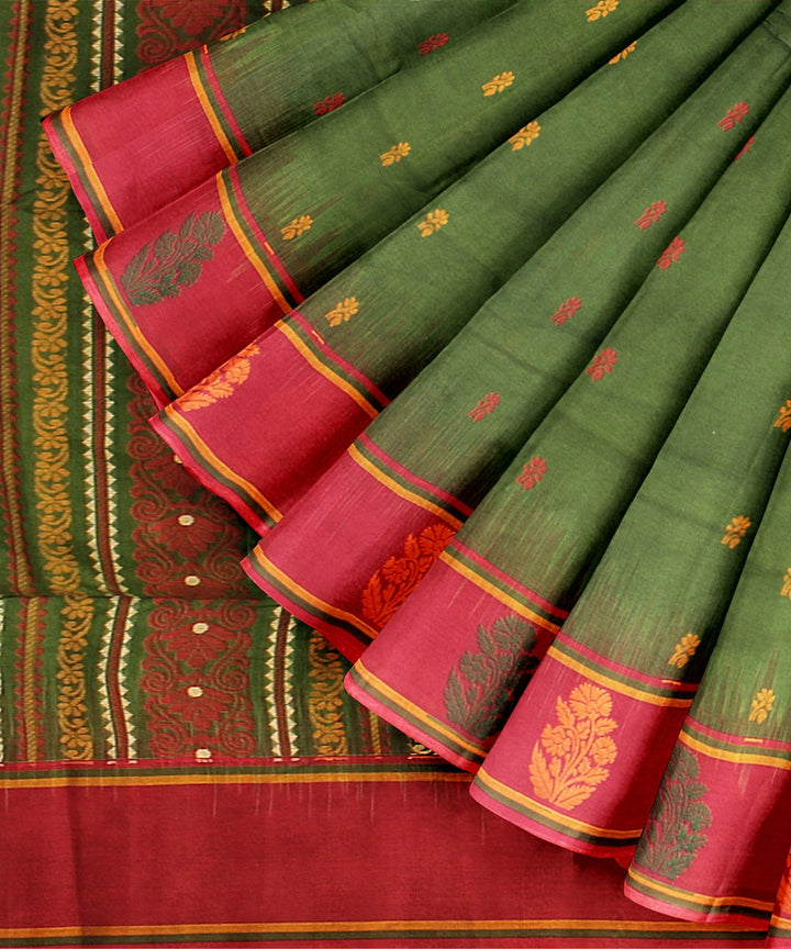 Olive green red bengal cotton handloom saree