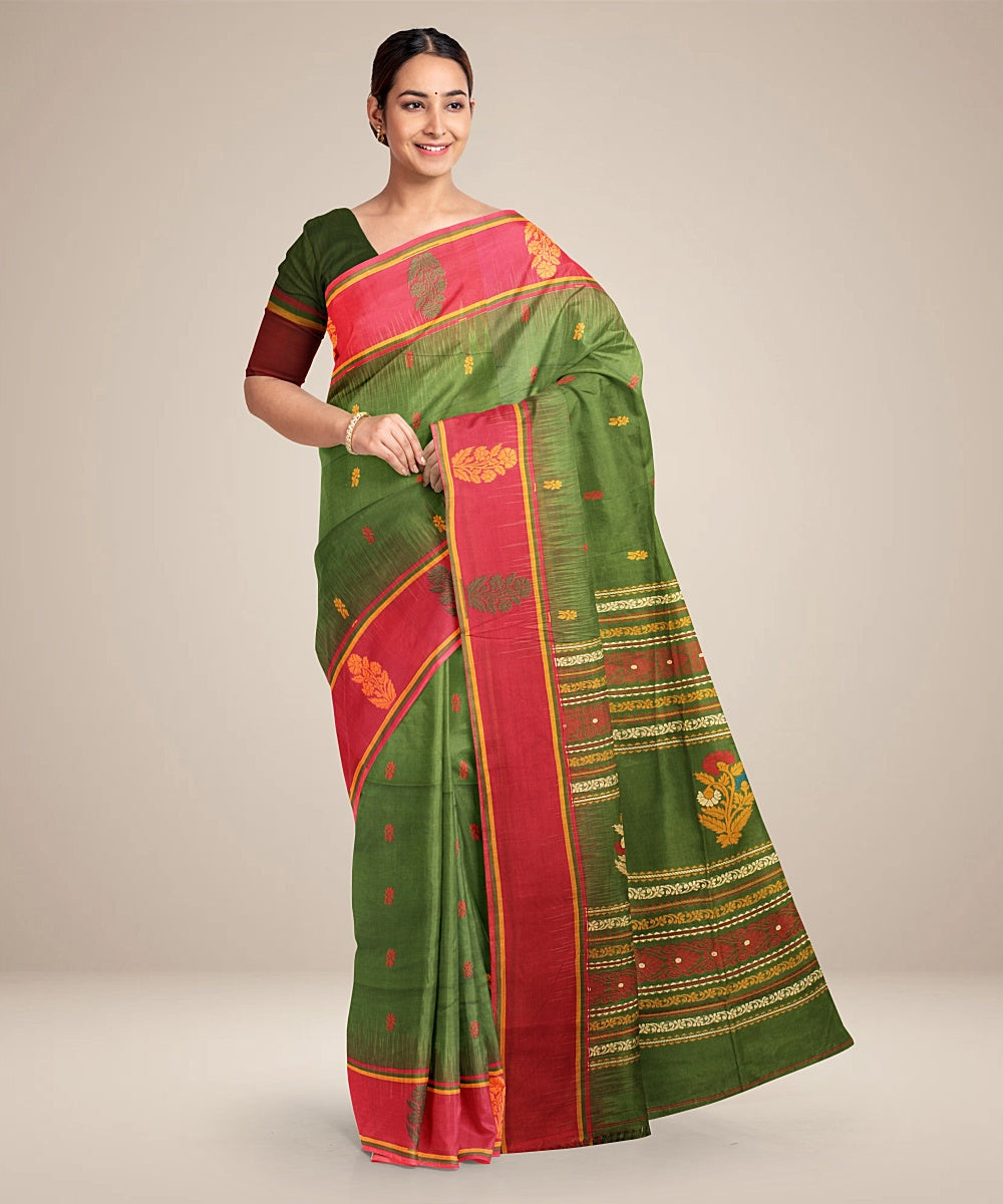 Olive green red bengal cotton handloom saree