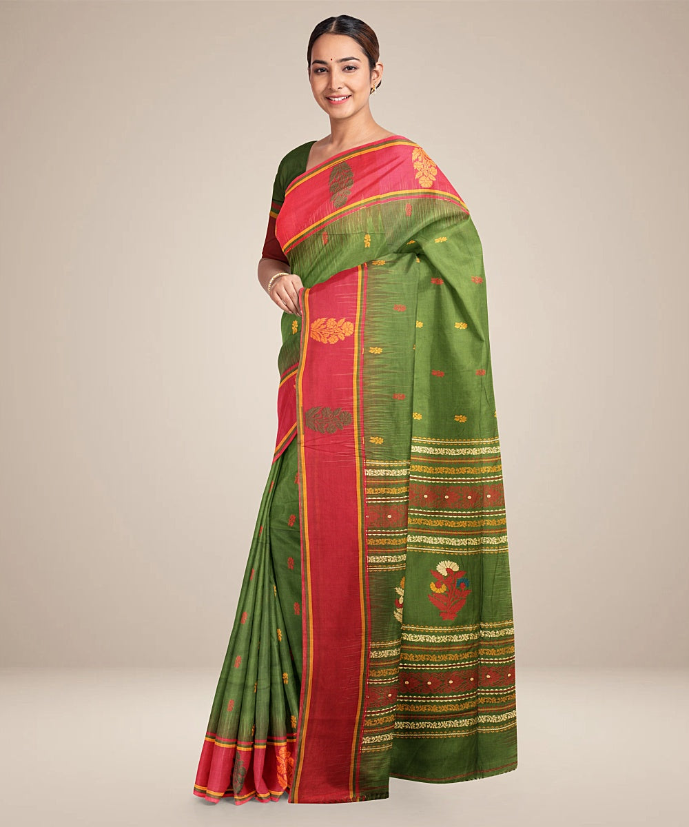 Olive green red bengal cotton handloom saree