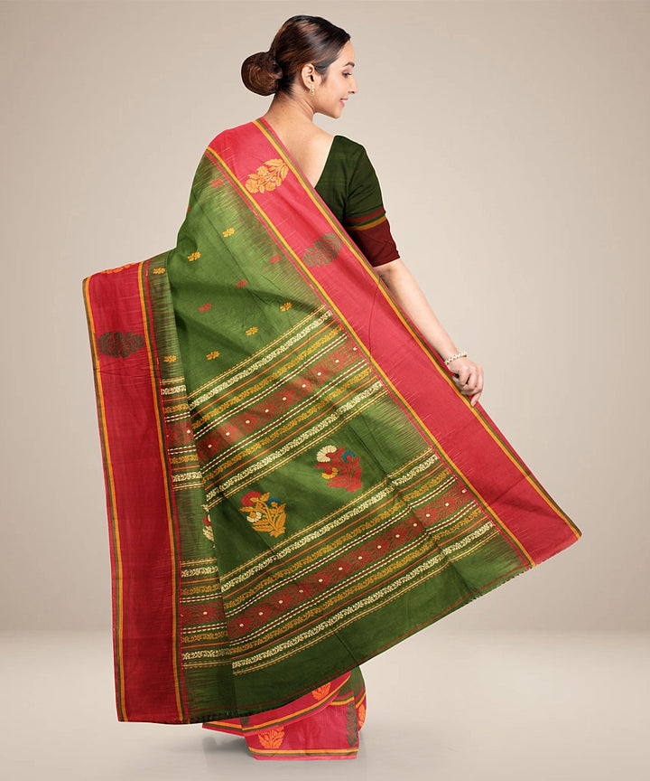 Olive green red bengal cotton handloom saree