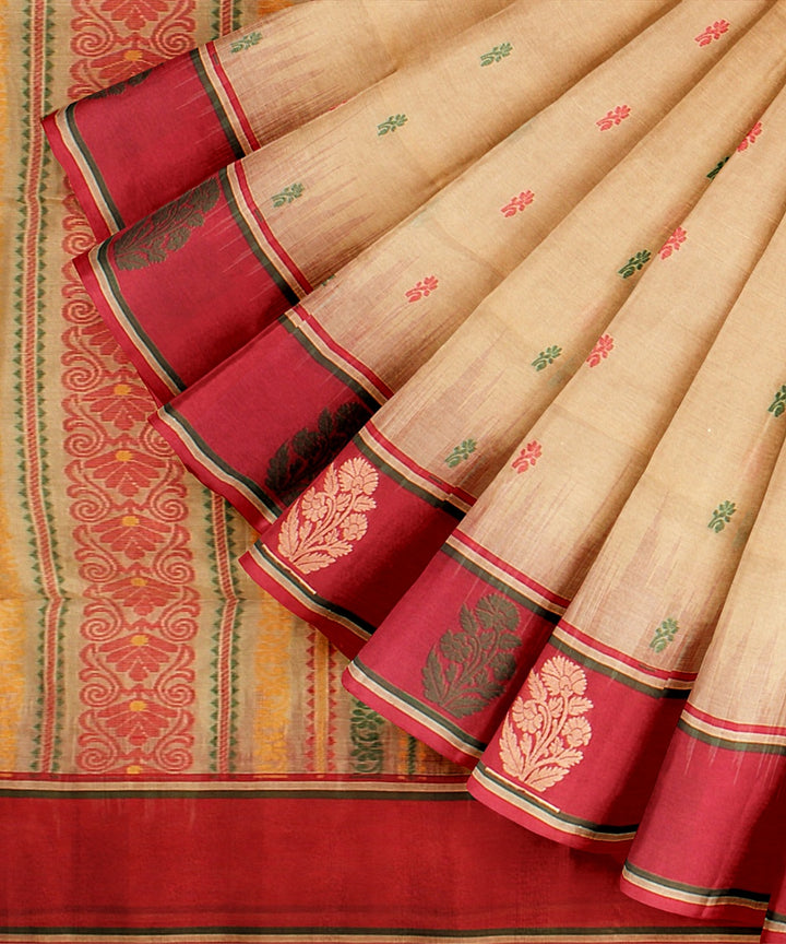 Beige red bengal cotton handloom saree