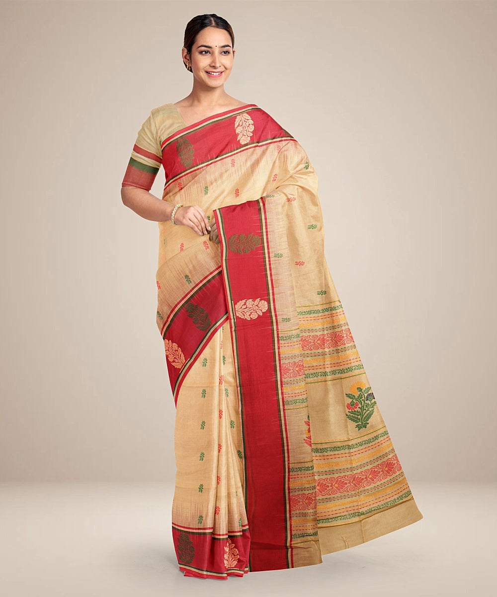 Beige red bengal cotton handloom saree