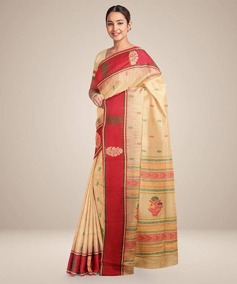 Beige red bengal cotton handloom saree