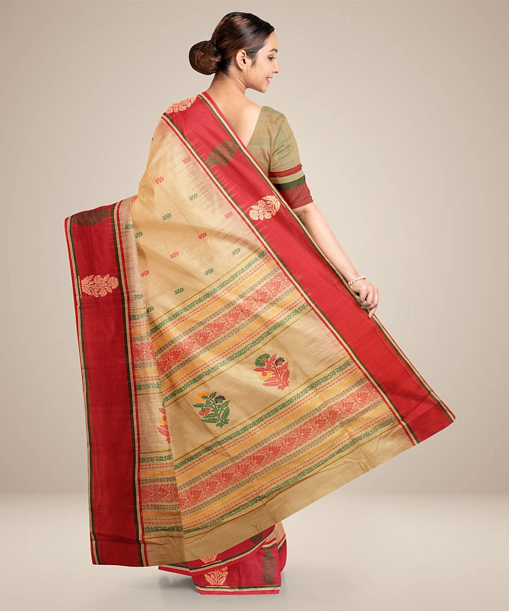 Beige red bengal cotton handloom saree