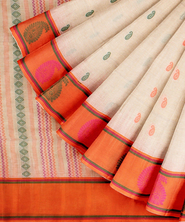 Cream orange bengal cotton handloom saree