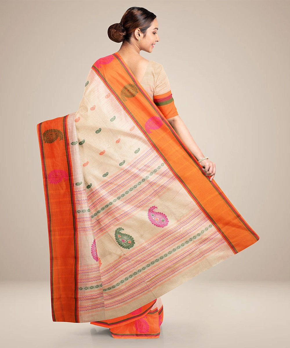 Cream orange bengal cotton handloom saree