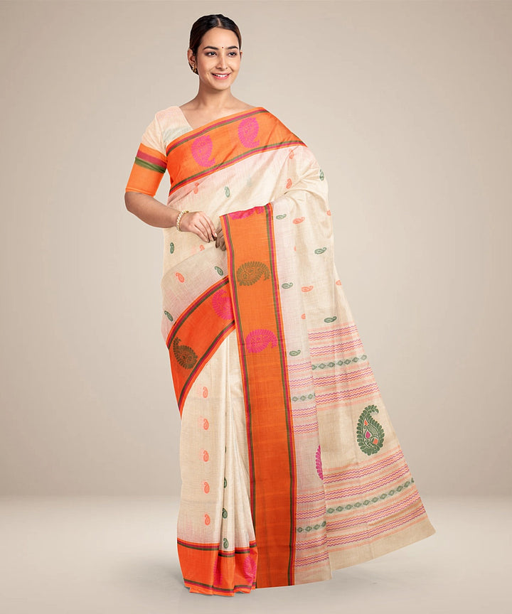 Cream orange bengal cotton handloom saree