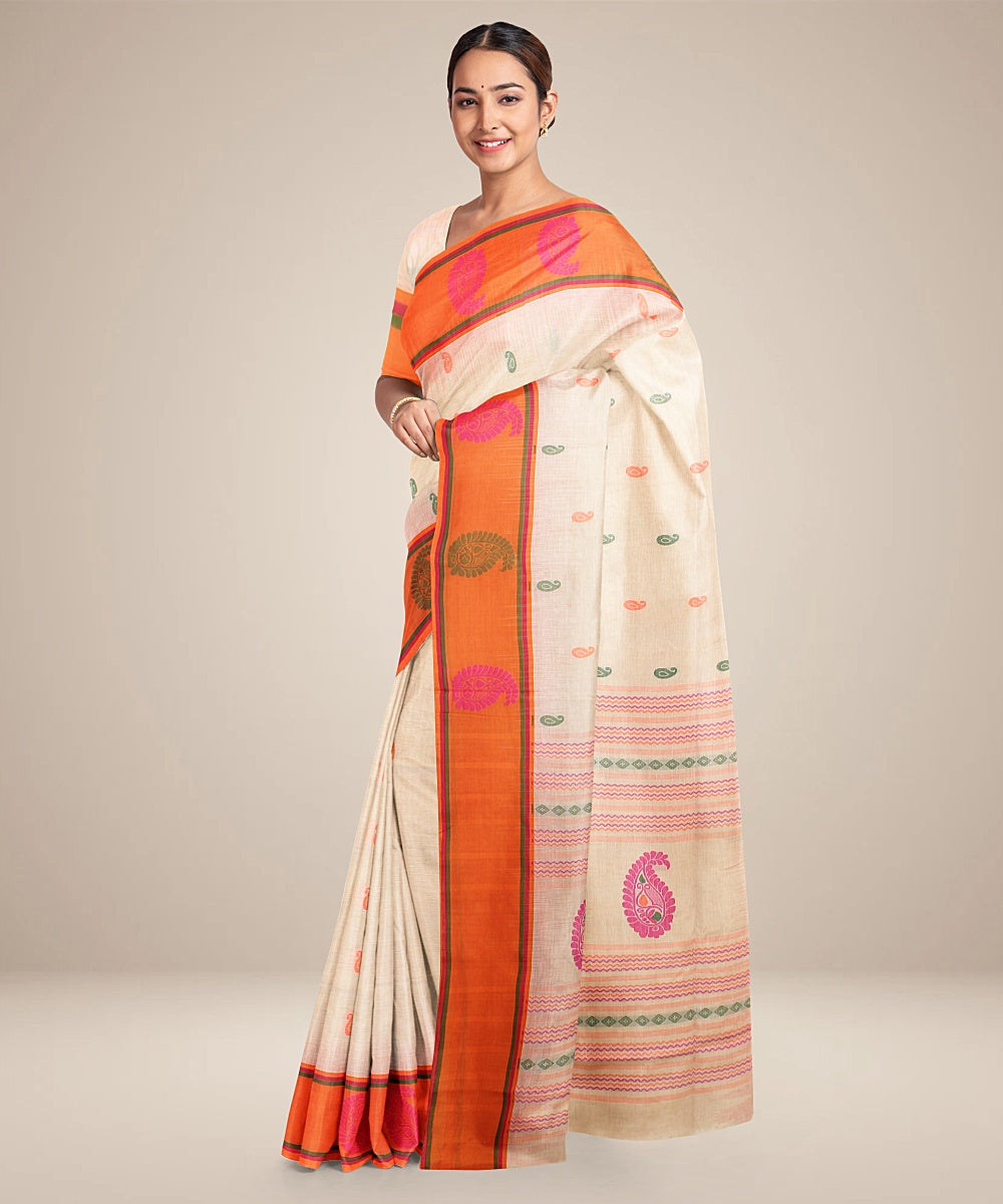 Cream orange bengal cotton handloom saree