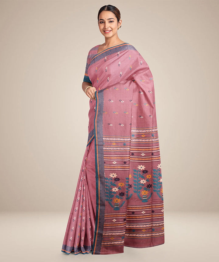 Dark peach teal green bengal cotton handloom saree