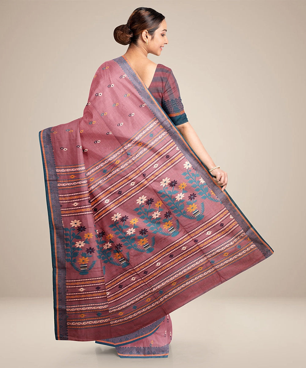 Dark peach teal green bengal cotton handloom saree