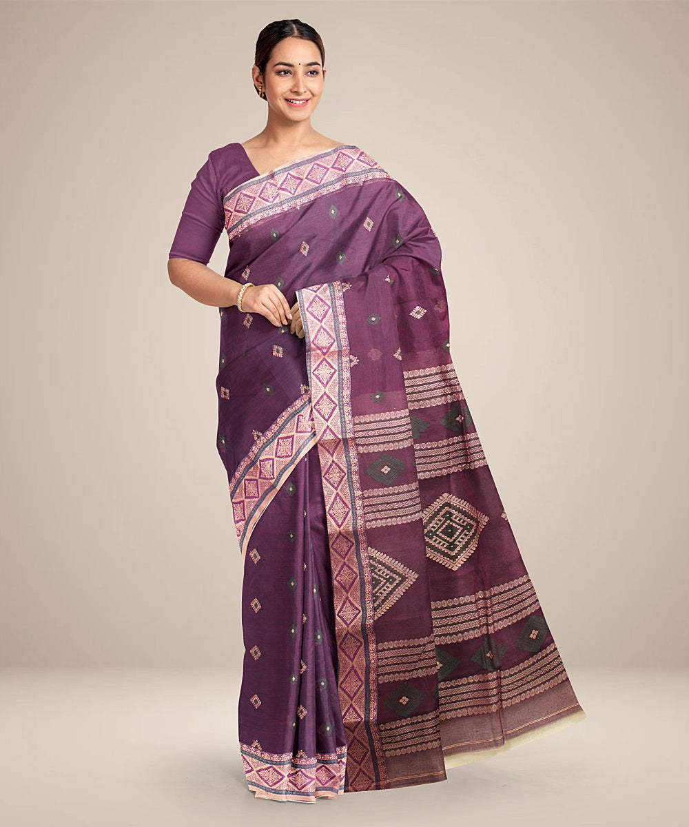 Purple beige tangail handloom cotton saree