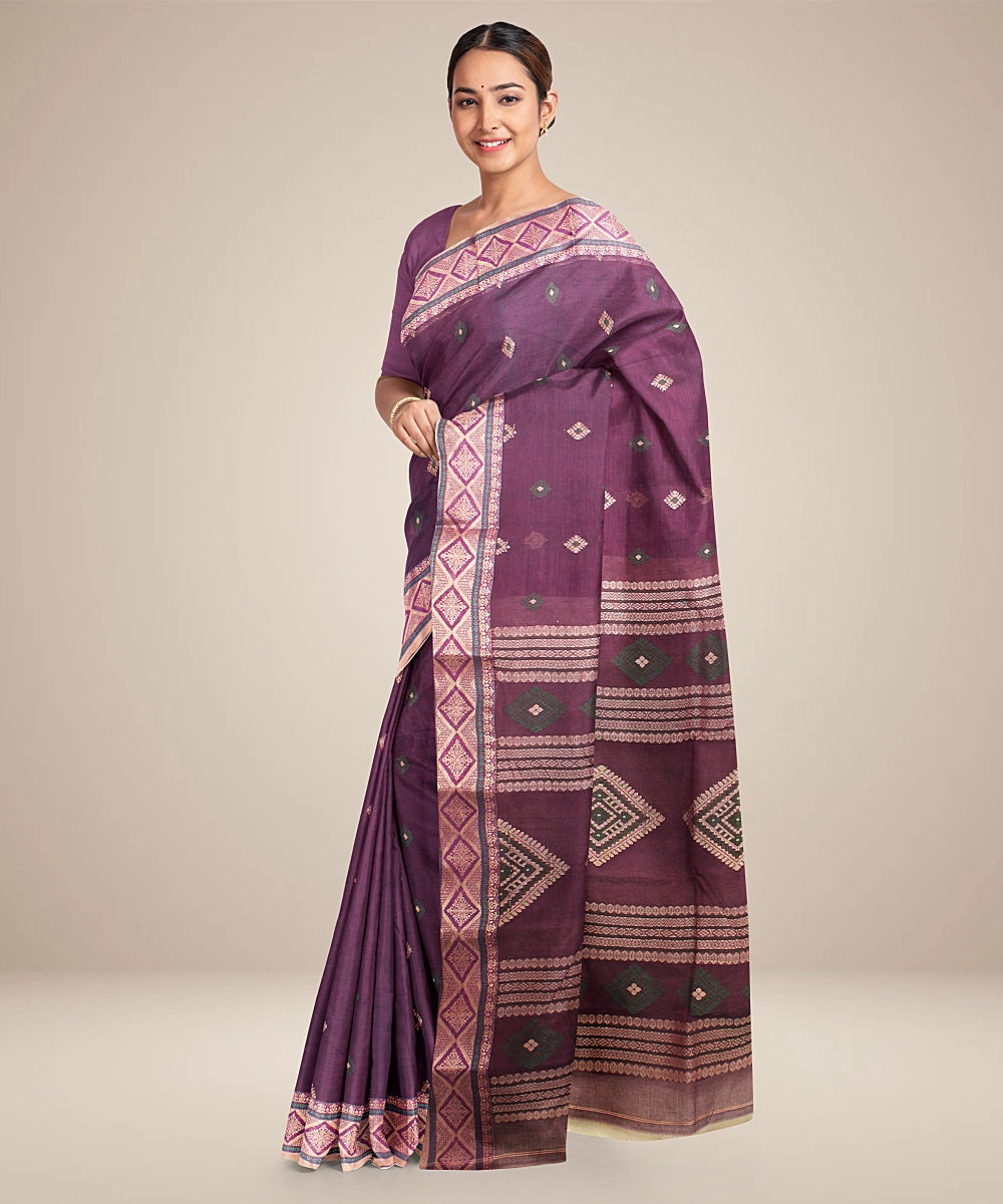 Purple beige tangail handloom cotton saree