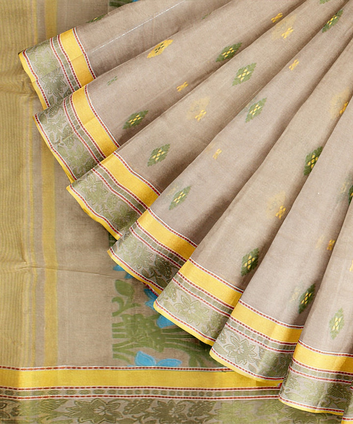 Beige light yellow tangail cotton handloom saree