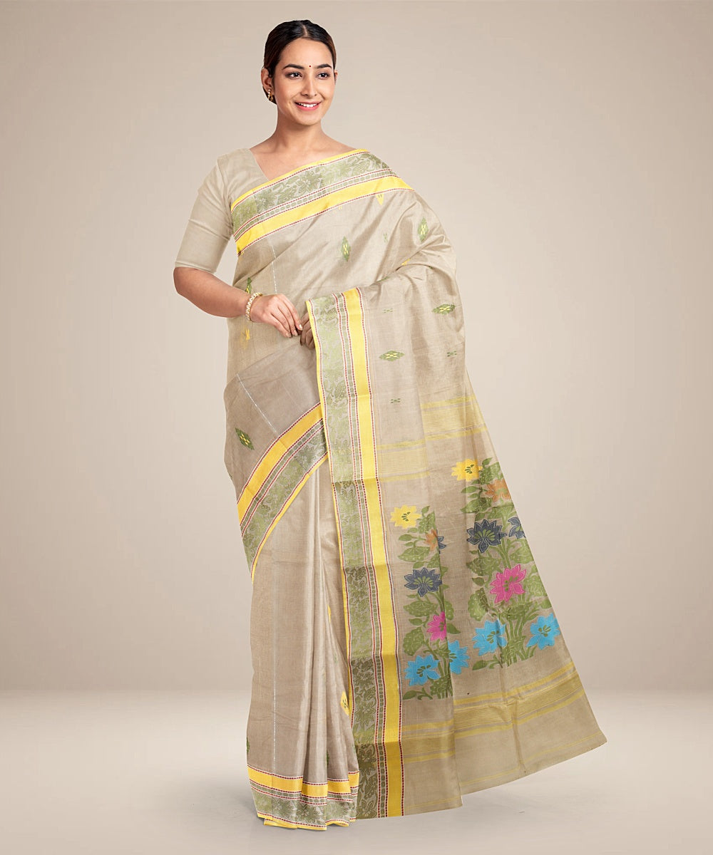 Beige light yellow tangail cotton handloom saree