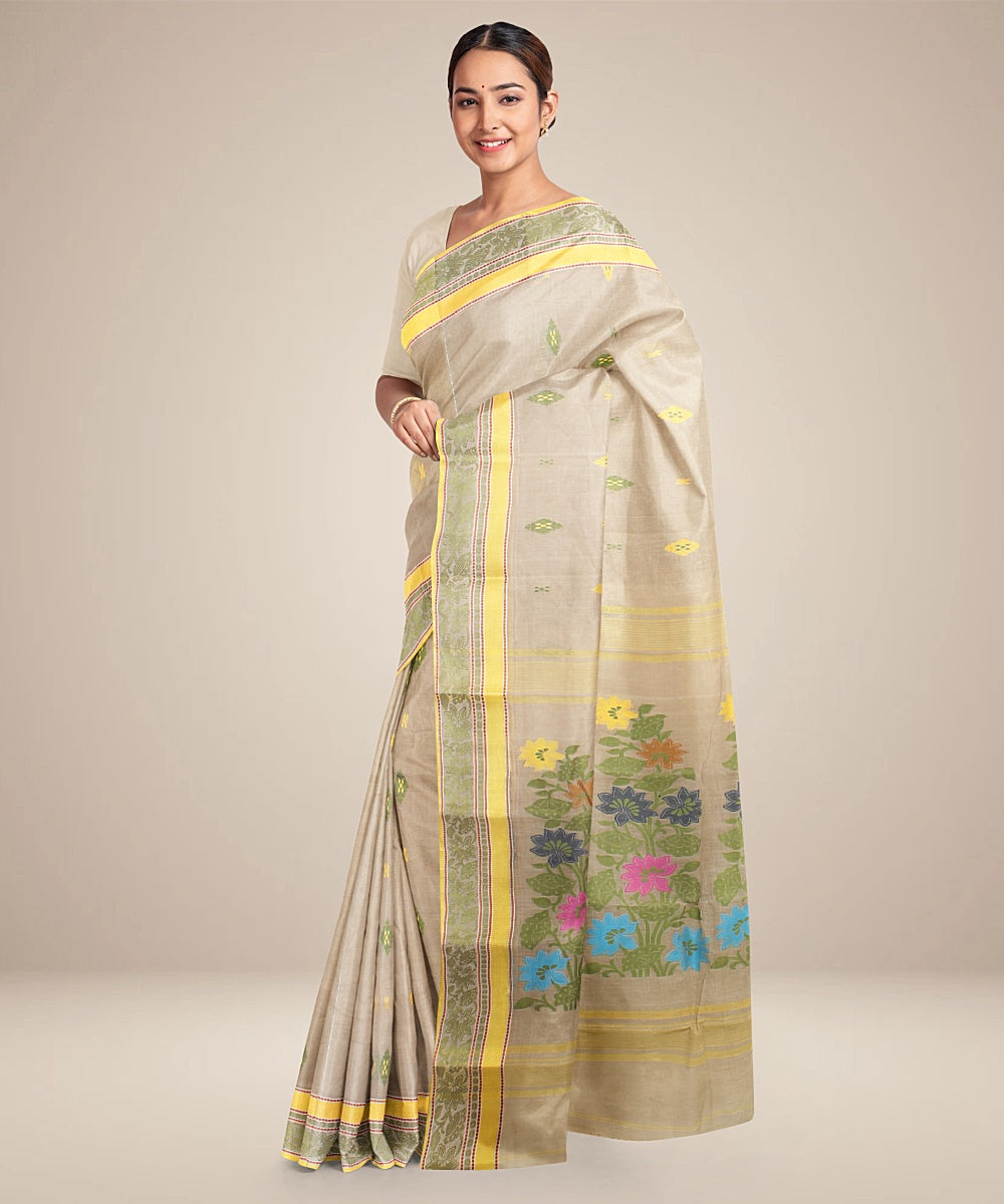 Beige light yellow tangail cotton handloom saree