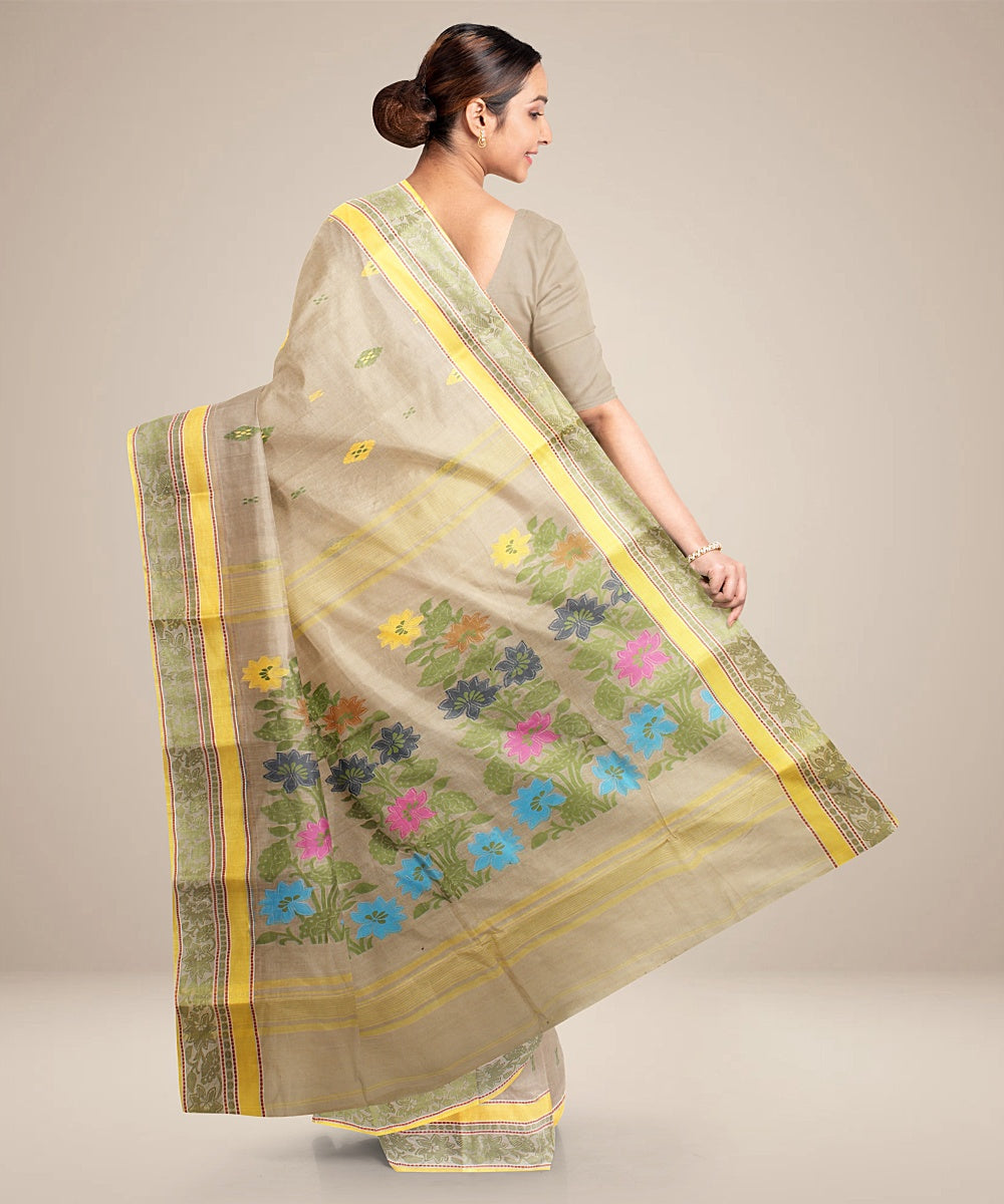 Beige light yellow tangail cotton handloom saree