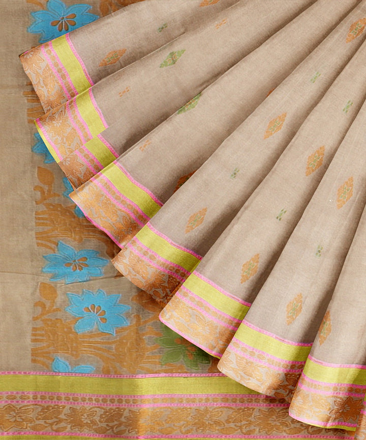 Beige light green tangail cotton handloom saree