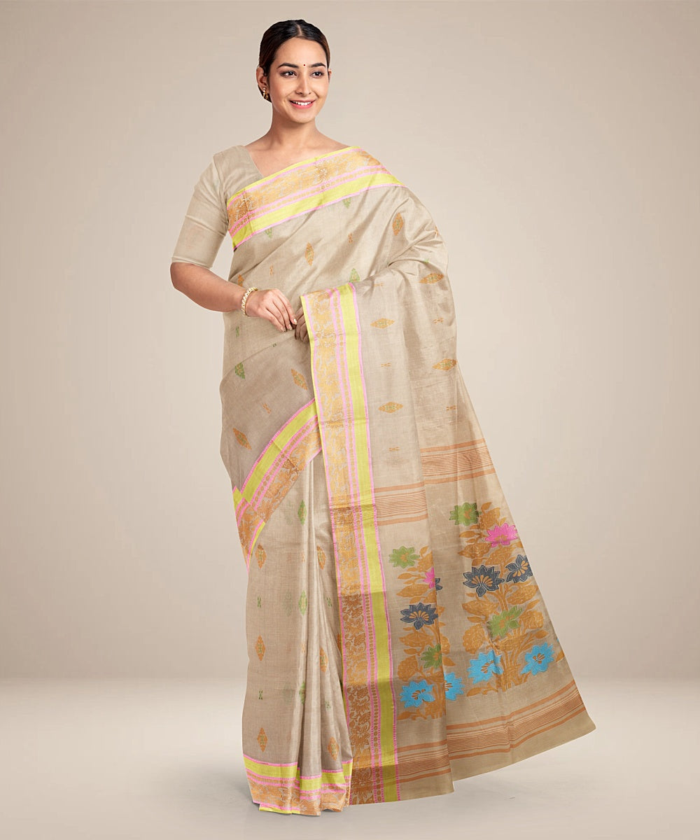 Beige light green tangail cotton handloom saree