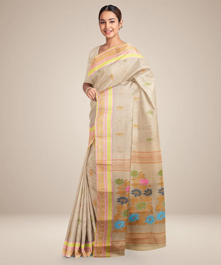 Beige light green tangail cotton handloom saree