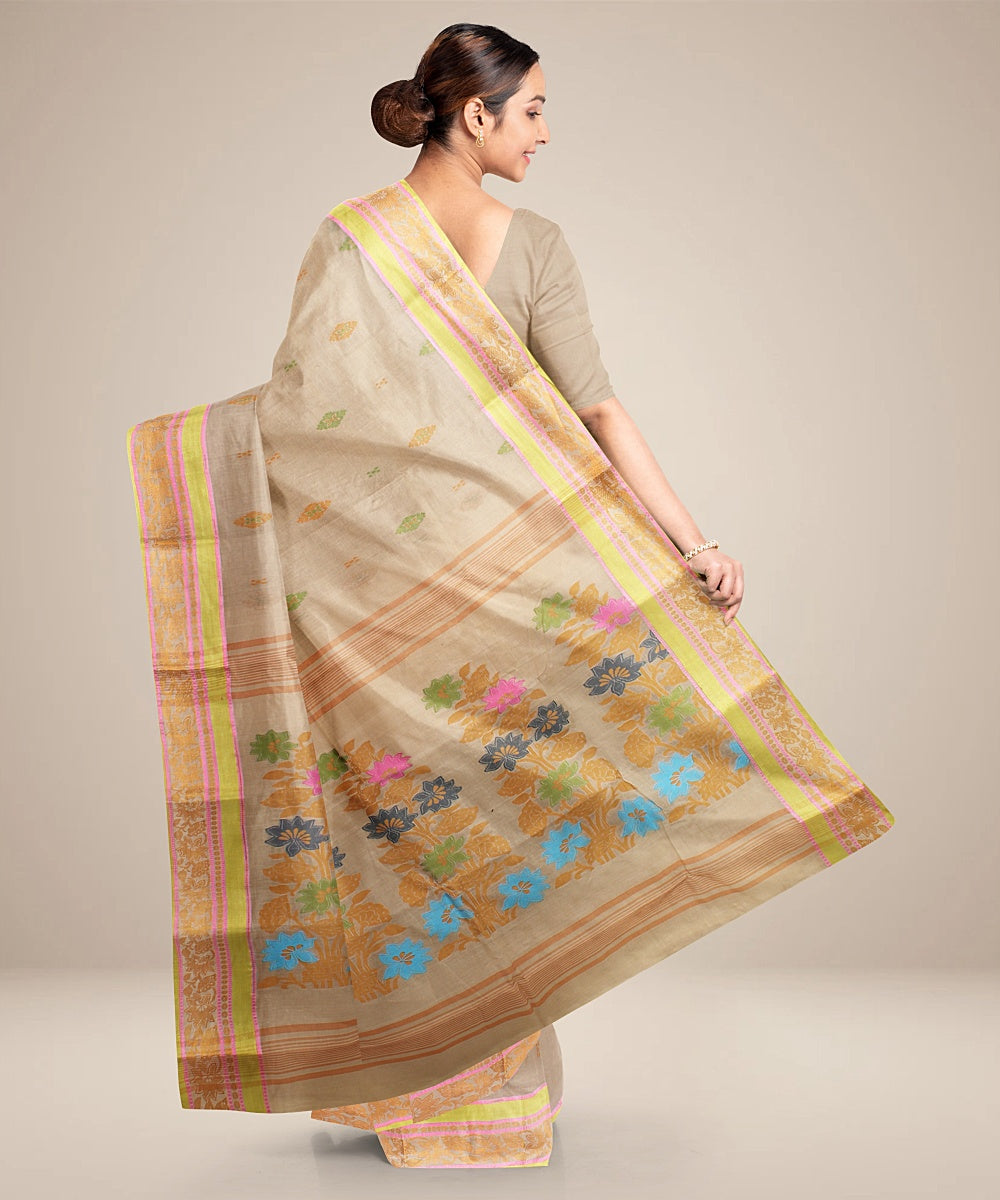 Beige light green tangail cotton handloom saree