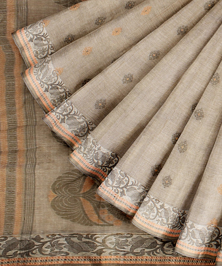 Beige green cotton tangail handloom saree