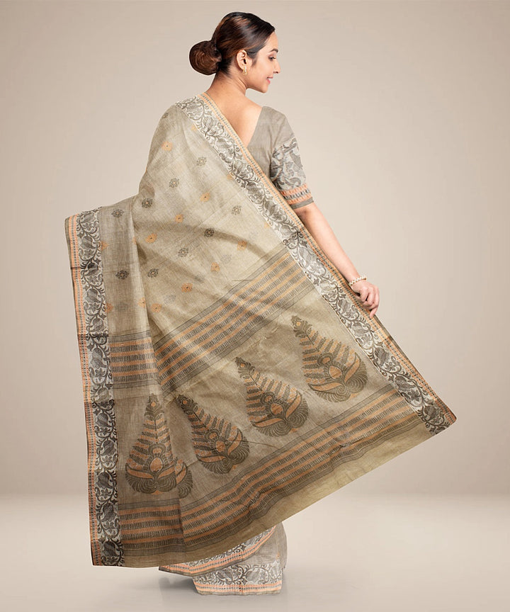 Beige green cotton tangail handloom saree