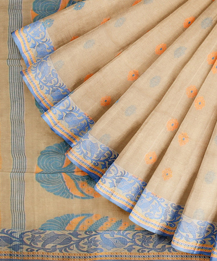 Beige blue cotton tangail handloom saree