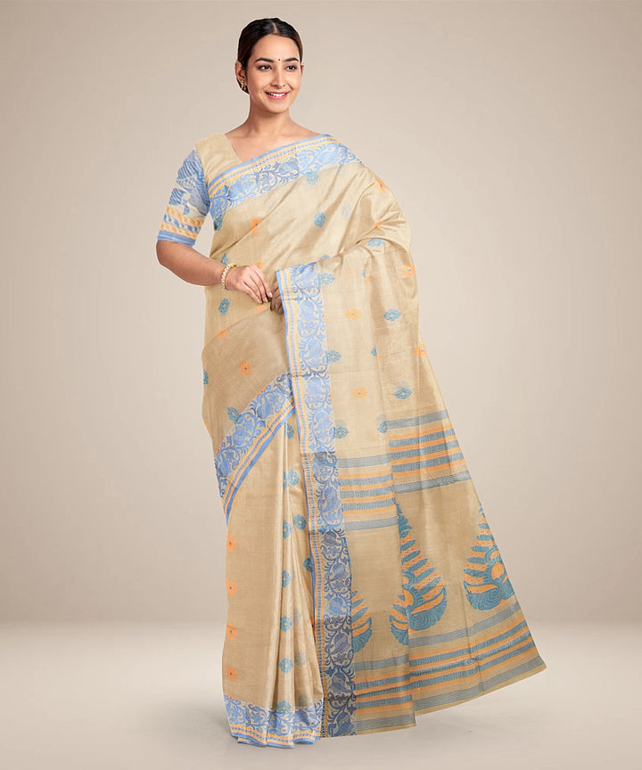 Beige blue cotton tangail handloom saree