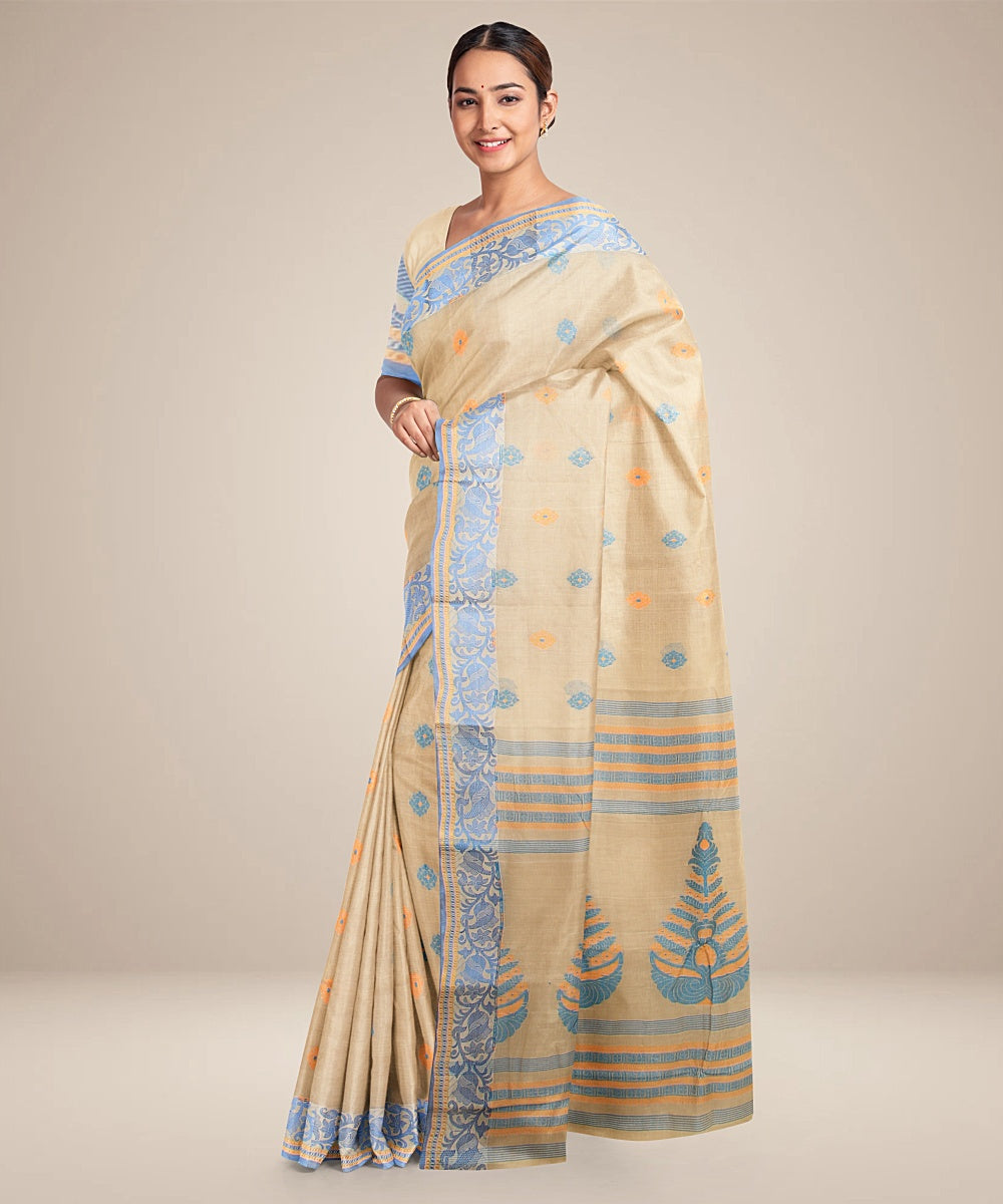 Beige blue cotton tangail handloom saree