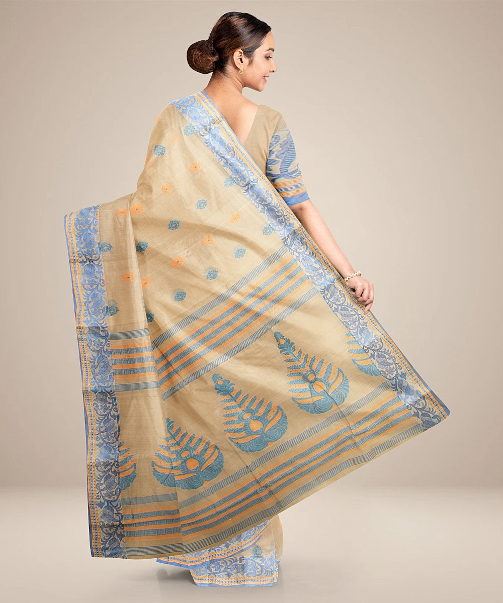 Beige blue cotton tangail handloom saree