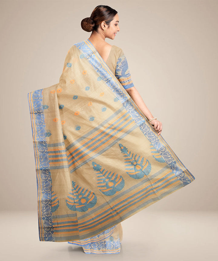 Beige blue cotton tangail handloom saree