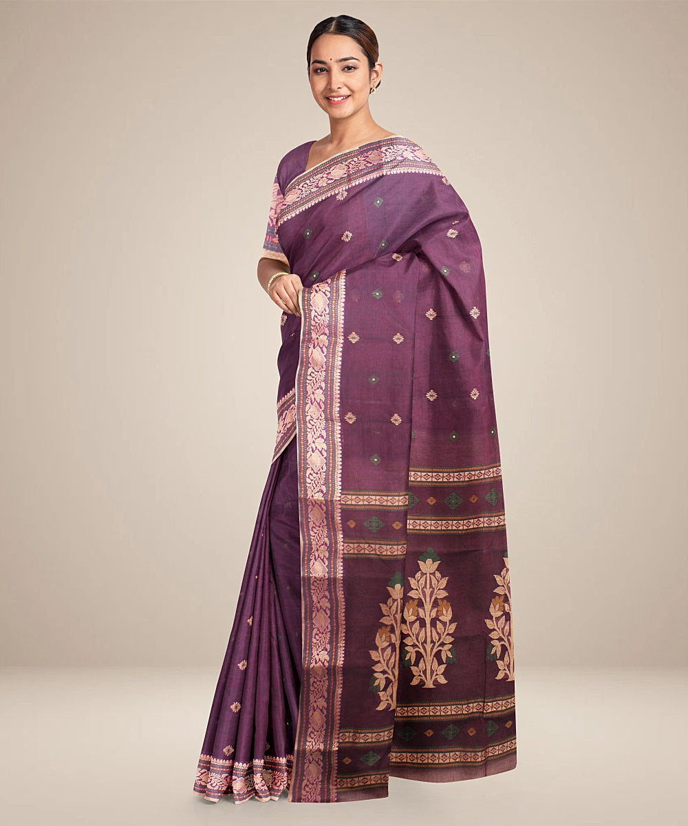 Purple beige cotton handloom tangail saree