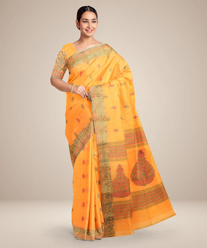 Orange green tangail cotton handloom saree